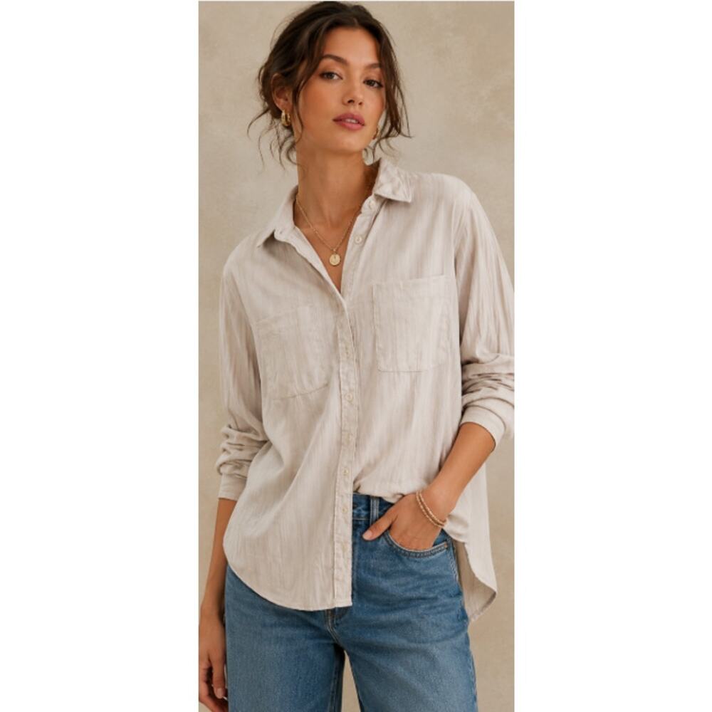 Anthropologie Button Down Blouse Womens 2XL Cream Pocket Shirt Boho Chic